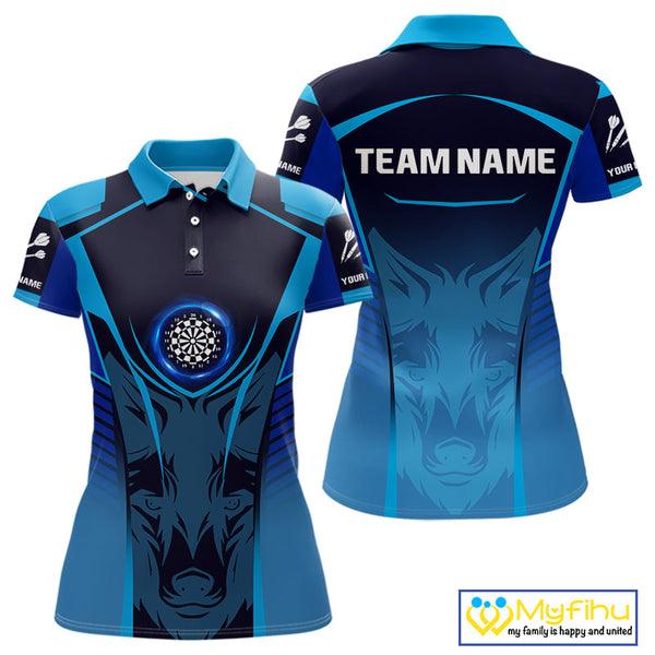 Custom Black And Blue Fox Dart Polo Shirts For Women, Dart Team Tournament Shirt NYN0366