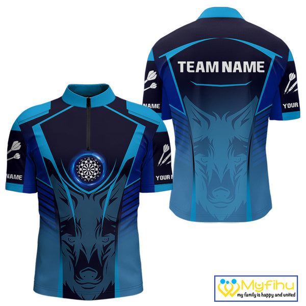 Custom Black And Blue Fox Dart Quarter-Zip Shirts For Men, Dart Team Tournament Shirt NYN0366