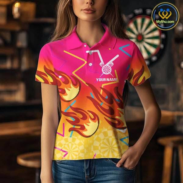 Custom Yellow And Pink Flame Dartboard Dart Team Women Polo Shirt, Dart League Shirt NYN0373