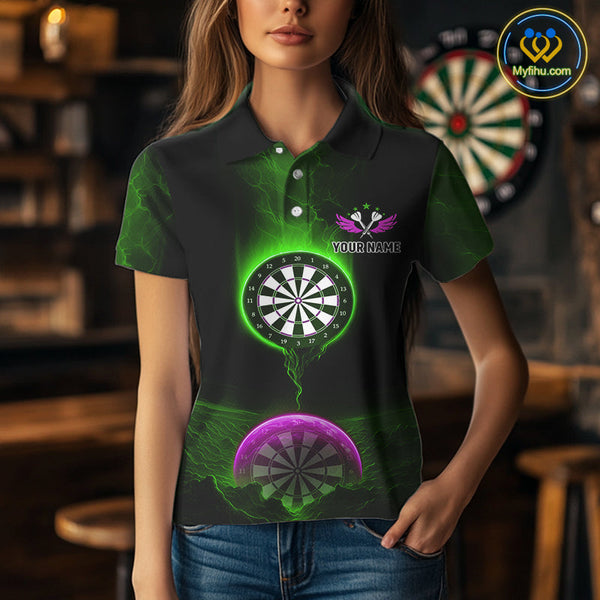 Custom Green And Purple Thunder Lightning Dart Team Women Polo Shirt, Dart Jerseys NYN0633