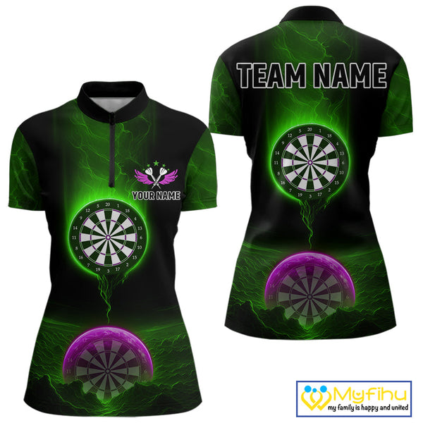 Custom Green And Purple Thunder Lightning Dart Team Women Quarter-Zip Shirt, Dart Jerseys NYN0633