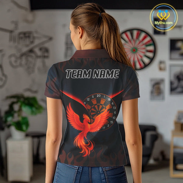 Custom Black Red Flame Phoenix Dartboard Dart Polo Shirt For Women, Dart Jerseys NYN0636