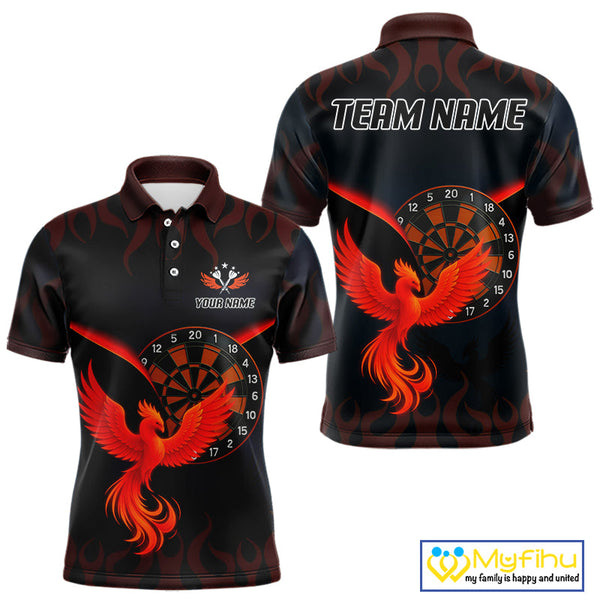 Custom Black Red Flame Phoenix Dartboard Dart Polo Shirt For Men, Dart Jerseys NYN0636