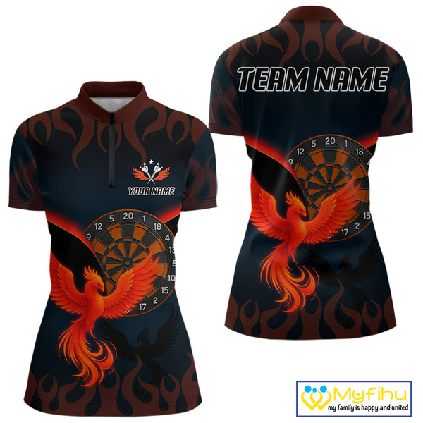 Custom Black Red Flame Phoenix Dartboard Dart Quarter-Zip Shirt For Women, Dart Jerseys NYN0636
