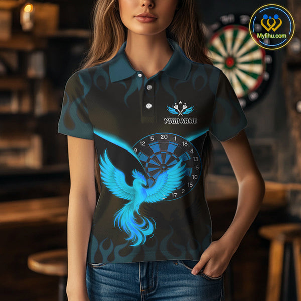 Custom Black Blue Flame Phoenix Dartboard Dart Polo Shirt For Women, Dart Jerseys NYN0637