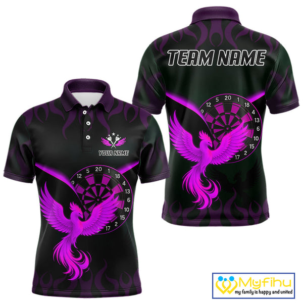 Custom Black Purple Flame Phoenix Dartboard Dart Polo Shirt For Men, Dart Jerseys NYN0638