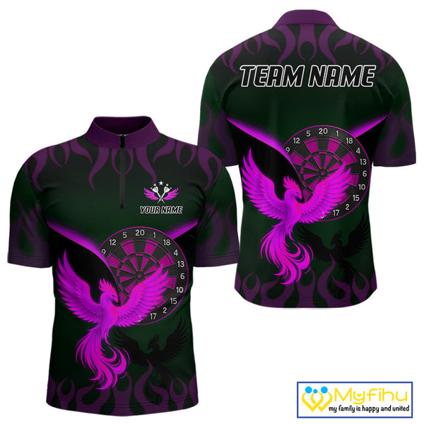 Custom Black Purple Flame Phoenix Dartboard Dart Quarter-Zip Shirt For Men, Dart Jerseys NYN0638