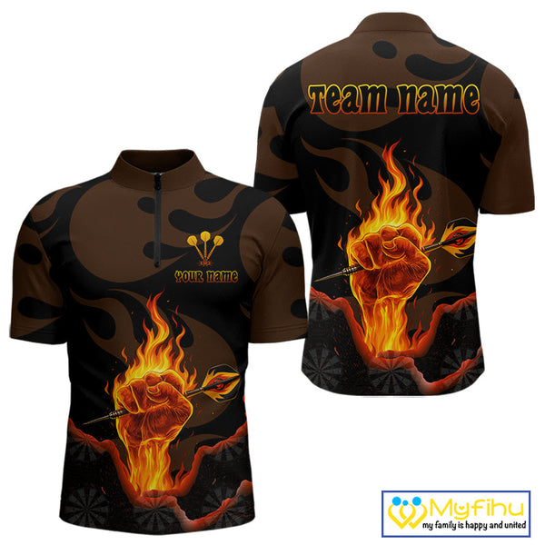 Custom Black Fire Fist Flaming Dart Thrower Dart Quarter-Zip Shirt For Men, Dart Jerseys NYN0639