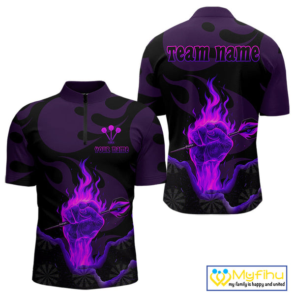 Custom Purple Flame Fist Dart Quarter-Zip Shirt For Men, Power Dart Thrower Team Jersey NYN0640