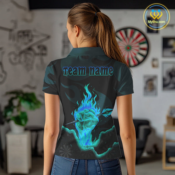 Custom Blue Flame Fist Dart Polo Shirt For Women, Cool Dart Thrower Team Jersey NYN0641