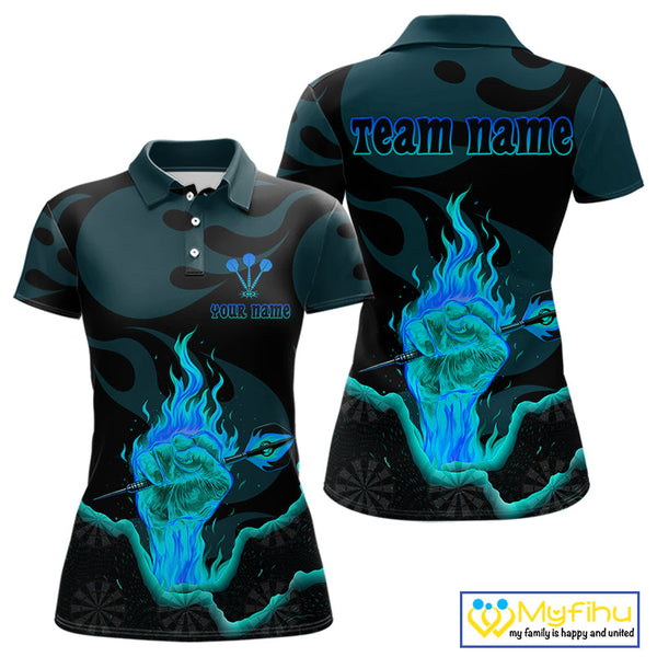 Custom Blue Flame Fist Dart Polo Shirt For Women, Cool Dart Thrower Team Jersey NYN0641
