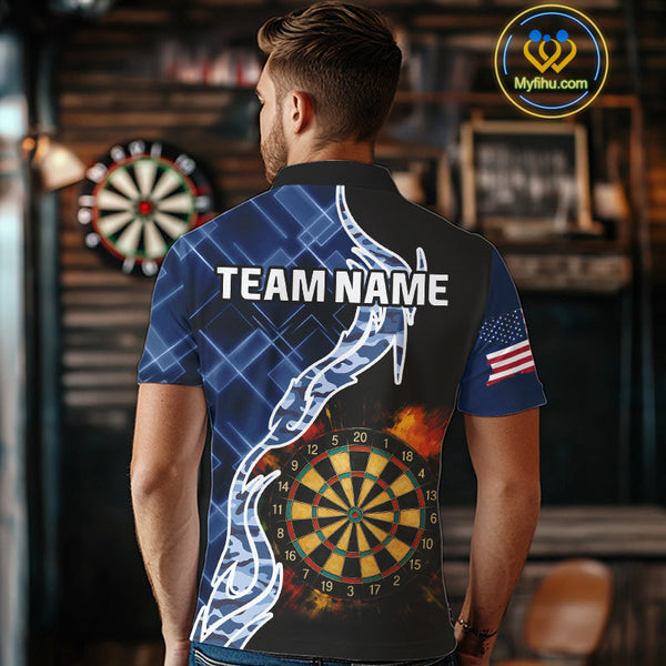 Custom Black And Blue Camo Flame Dartboard Dart Men Polo Shirts, Patriotic Dart Team Shirt NYN0376