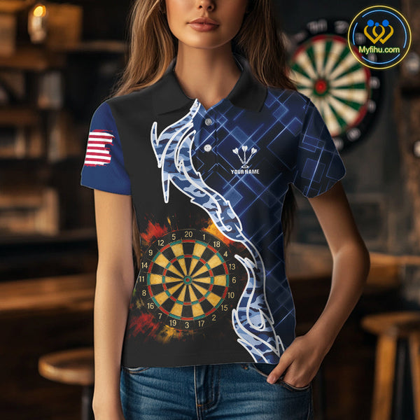 Custom Black And Blue Camo Flame Dartboard Dart Women Polo Shirts, Patriotic Dart Shirt NYN0376