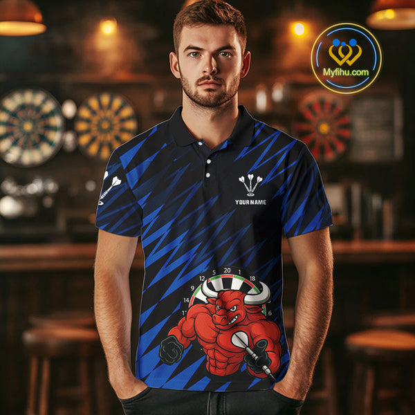 Custo Black And Blue Funny Bull Play Dart Polo Shirts For Men, Dart Team Jerseys NYN0381