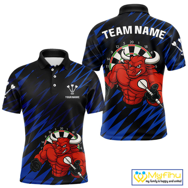 Custo Black And Blue Funny Bull Play Dart Polo Shirts For Men, Dart Team Jerseys NYN0381