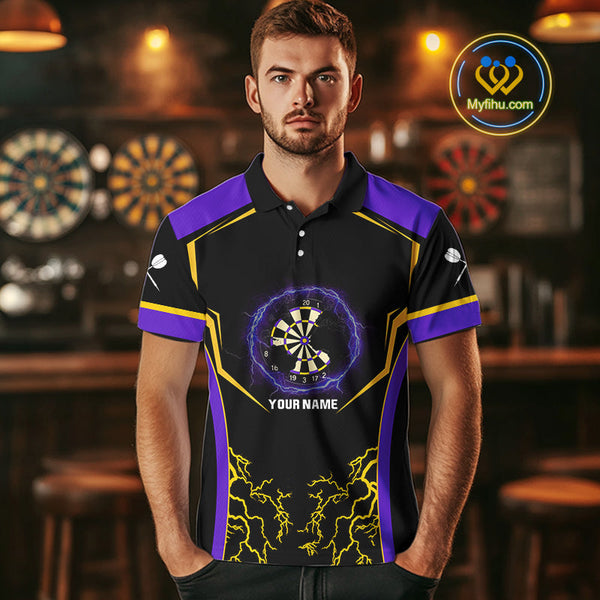 Custom Yellow And Purple Thunder Lightning Dart Team Men Polo Shirt, Dart Players Gift NYN0383