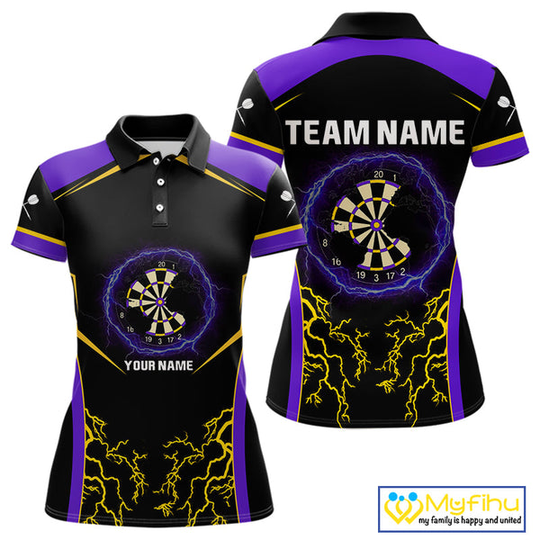Custom Yellow And Purple Thunder Lightning Dart Team Women Polo Shirt, Dart Players Gift NYN0383