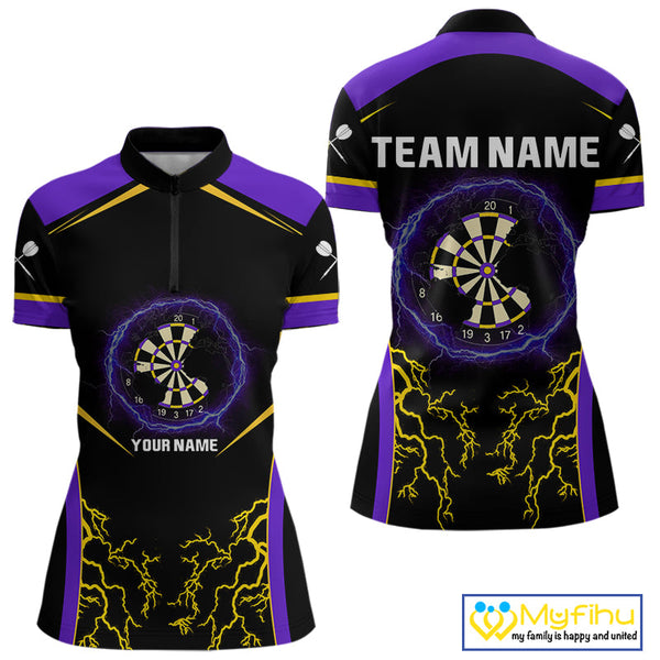 Custom Yellow And Purple Thunder Lightning Dart Women Quarter-Zip Shirt, Dart Players Gift NYN0383