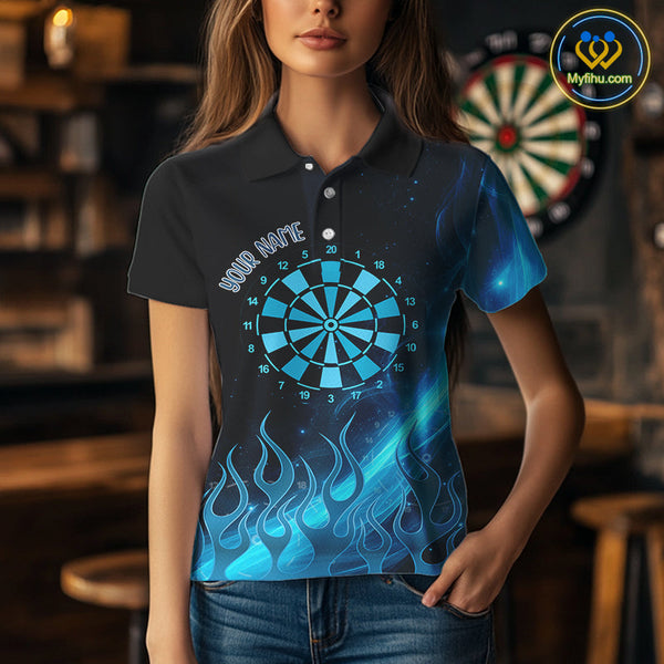 Custom Blue Flame Dartboard Polo Shirt For Women, Cool Fire Dart Team Shirt NYN0645