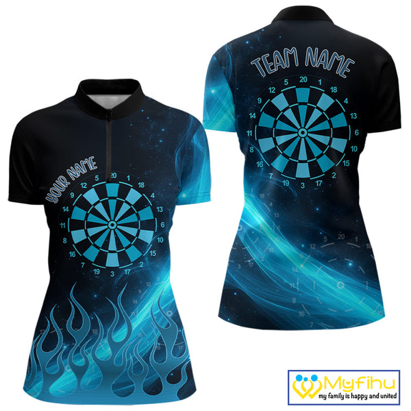 Custom Blue Flame Dartboard Quarter-Zip Shirt For Women, Cool Fire Dart Team Shirt NYN0645