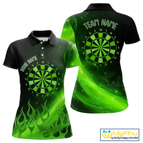 Custom Green Flame Dartboard Polo Shirt For Women, Green Fire Dart Team Shirt NYN0646