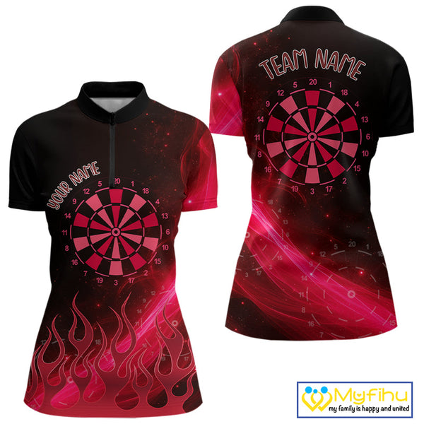 Custom Red Flame Dartboard Quarter-Zip Shirt For Women, Neon Fire Dart Team Shirt NYN0647