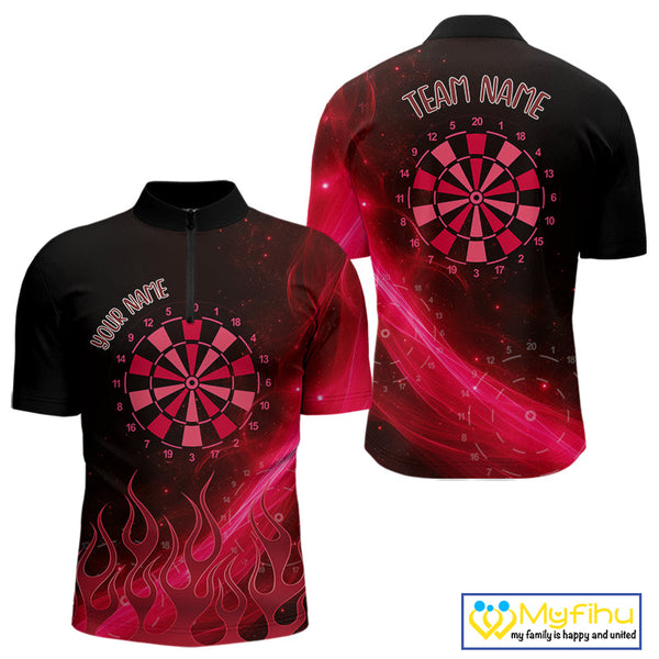 Custom Red Flame Dartboard Quarter-Zip Shirt For Men, Neon Fire Dart Team Shirt NYN0647