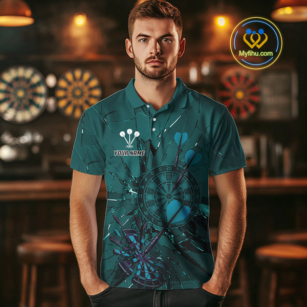 Custom Teal Broken Glass Dartboard Polo Shirt For Men, Shattered Target Dart Jersey NYN0653