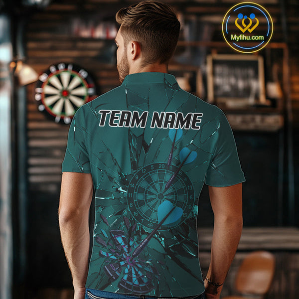 Custom Teal Broken Glass Dartboard Polo Shirt For Men, Shattered Target Dart Jersey NYN0653