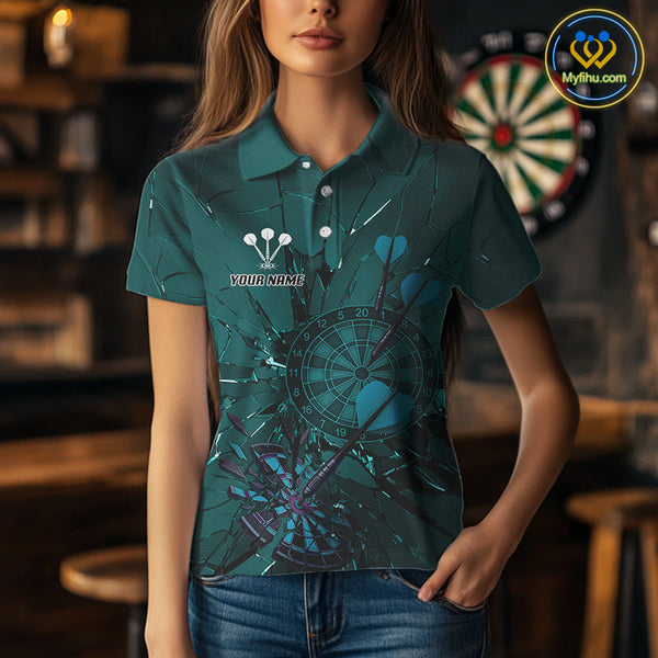 Custom Teal Broken Glass Dartboard Polo Shirt For Women, Shattered Target Dart Jersey NYN0653
