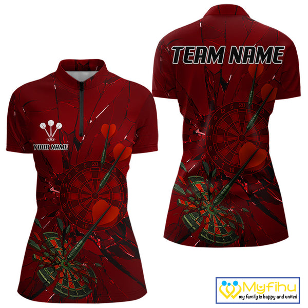 Custom Red Broken Glass Dartboard Women Quarter-Zip Shirt, Shattered Target Dart Jersey NYN0654