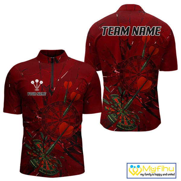 Custom Red Broken Glass Dartboard Quarter-Zip Shirt For Men, Shattered Target Dart Jersey NYN0654