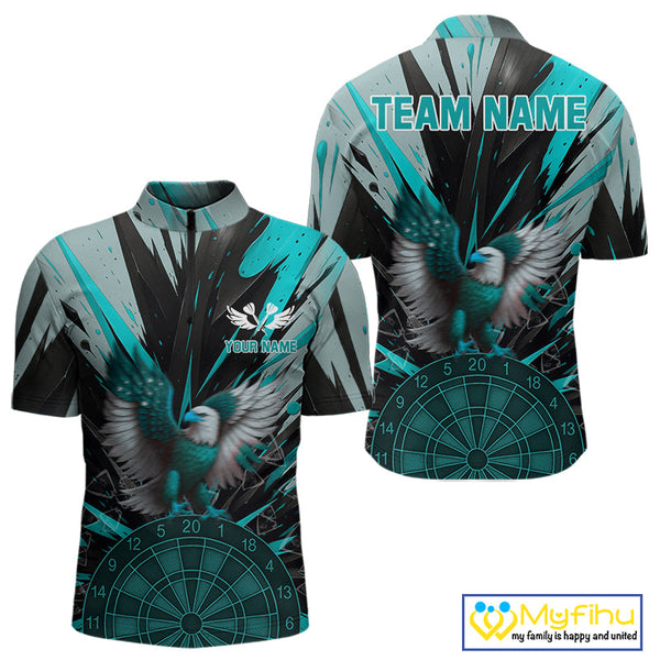 Custom Teal Eagle Splash Dartboard Quarter-Zip Shirt For Men, Power Dart Team Jersey NYN0657