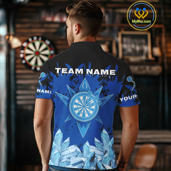 Custom Black And Blue Icy Dart Team Men Polo Shirts, Dart League Shirt NYN0386