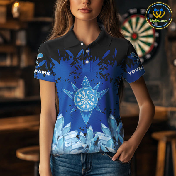 Custom Black And Blue Icy Dart Team Women Polo Shirts, Dart League Shirt NYN0386