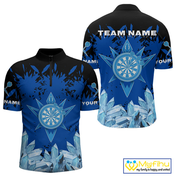 Custom Black And Blue Icy Dart Team Men Quarter-Zip Shirts, Dart League Shirt NYN0386