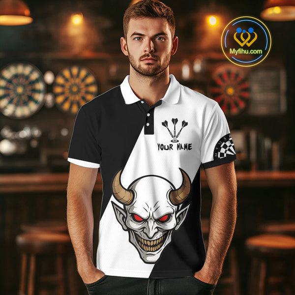 Custom Demon Skull With Horn Dart Team Polo Shirts For Men, Halloween Outfit NYN0395