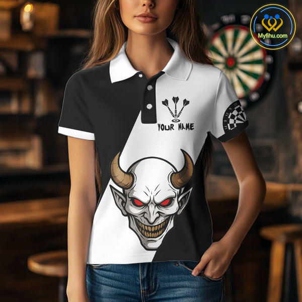 Custom Demon Skull With Horn Dart Team Polo Shirts For Women, Halloween Outfit NYN0395