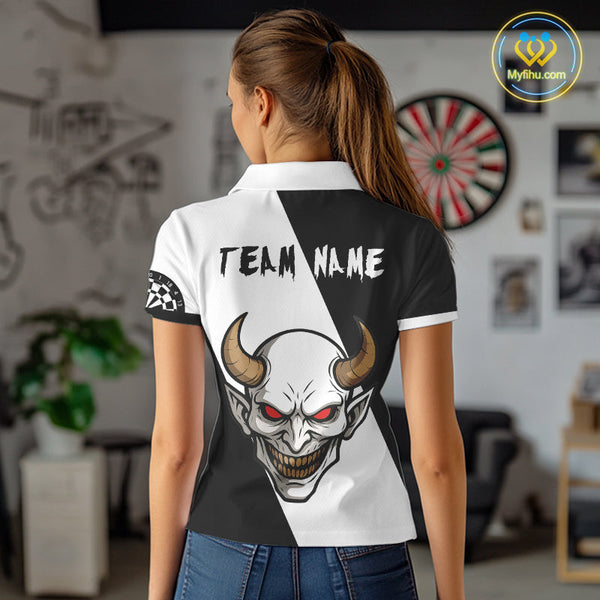 Custom Demon Skull With Horn Dart Team Polo Shirts For Women, Halloween Outfit NYN0395