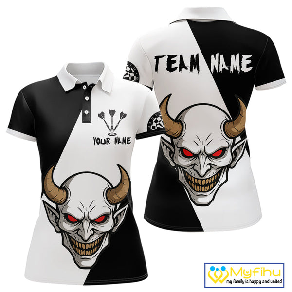 Custom Demon Skull With Horn Dart Team Polo Shirts For Women, Halloween Outfit NYN0395