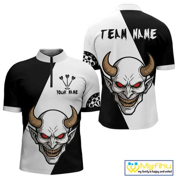 Custom Demon Skull With Horn Dart Team Quarter-Zip Shirts For Men, Halloween Outfit NYN0395