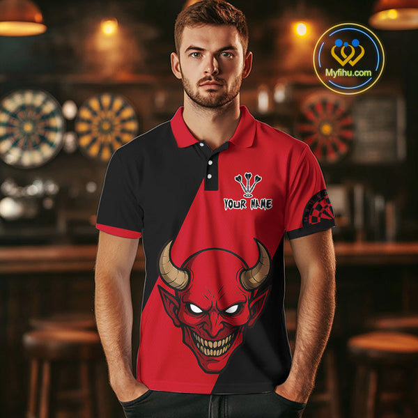 Custom Red Demon Skull With Horn Dart Team Polo Shirts For Men, Halloween Outfit NYN0396