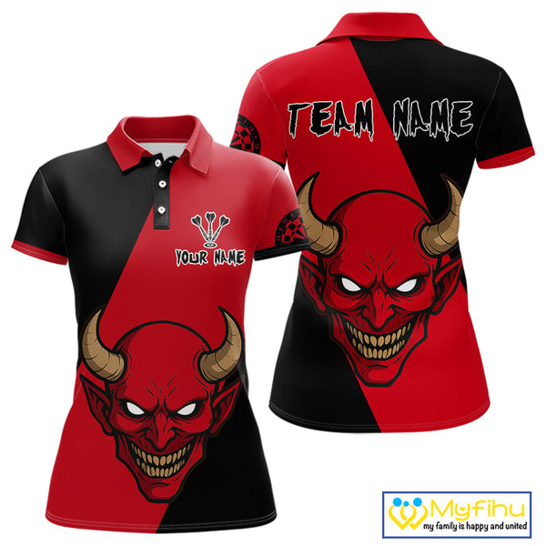 Custom Red Demon Skull With Horn Dart Team Polo Shirts For Women, Halloween Outfit NYN0396