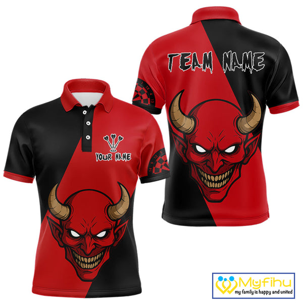Custom Red Demon Skull With Horn Dart Team Polo Shirts For Men, Halloween Outfit NYN0396