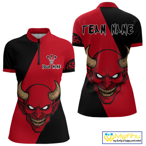 Custom Red Demon Skull With Horn Dart Team Quarter-Zip Shirts For Women, Halloween Outfit NYN0396