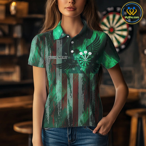 Custom Green US Flag Wings Dartboard Dart Women Polo Shirt, Patriotic Dart Jerseys NYN0659