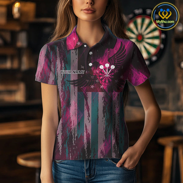 Custom Pink US Flag Wings Dartboard Dart Women Polo Shirt, Patriotic Dart Jerseys NYN0660