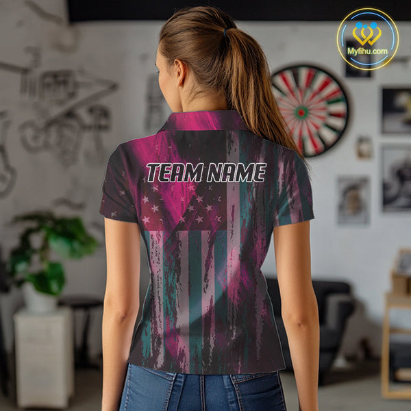 Custom Pink US Flag Wings Dartboard Dart Women Polo Shirt, Patriotic Dart Jerseys NYN0660