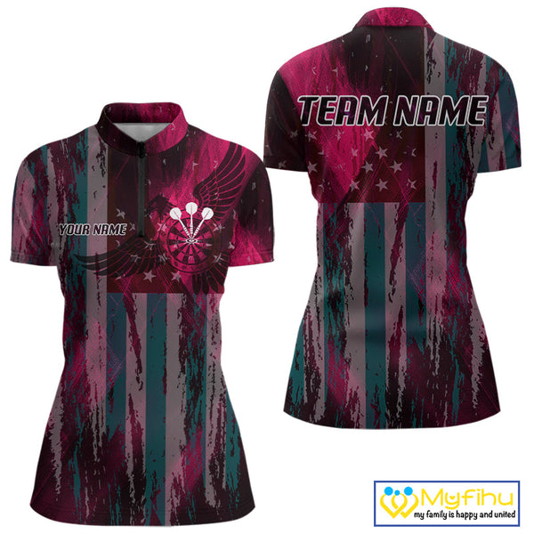 Custom Pink US Flag Wings Dartboard Dart Women Quarter-Zip Shirt, Patriotic Dart Jerseys NYN0660