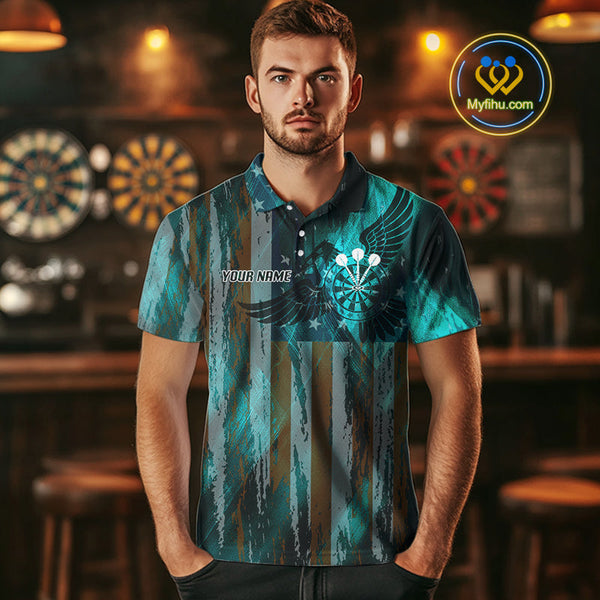 Custom Teal Blue US Flag Wings Dartboard Dart Men Polo Shirt, Patriotic Dart Jersey NYN0661